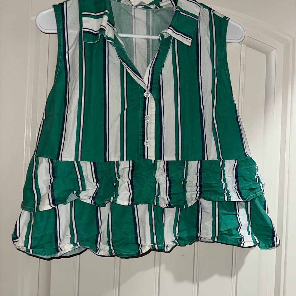 Emerald Striped Ruffle Hem Blouse